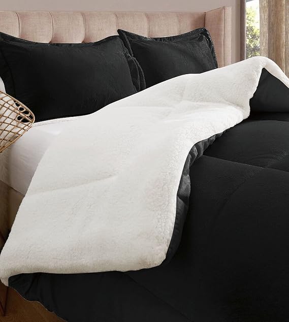 Elegant Comfort Super Soft Sherpa Comforter 2-Piece Set Premium Quality, Heavy Weight Reversible Down Alternative Micro-Suede, Sherpa Comforter, Twin, Black Satin