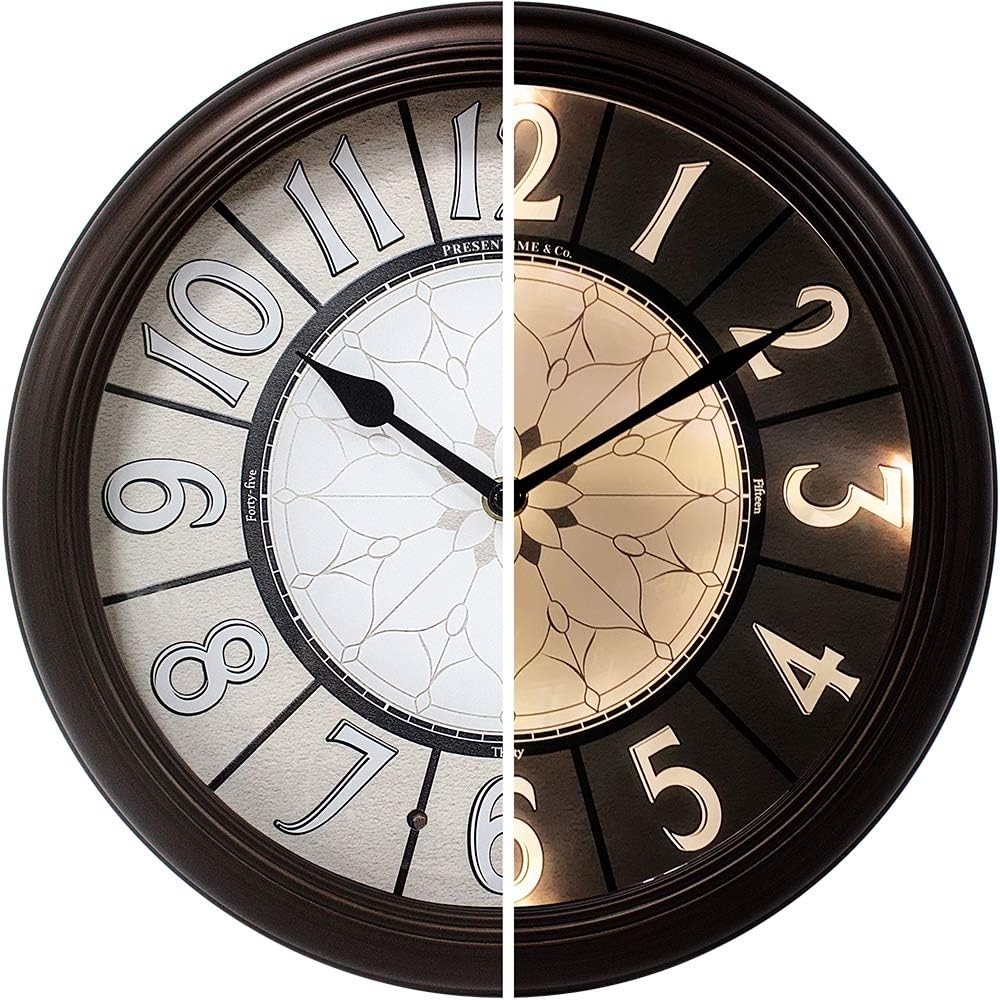 PresenTime & Co Luminous farmhouse clock, 32 cm, quiet, no ticking, oil-bred bronze surface, vintage style, illuminated watch with intelligent sensor