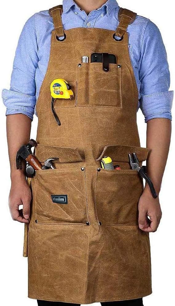 Waxed Canvas Shop Apron for Men & Women.Woodworking Aprons Heavy Duty Work Apron with Pockets. Big Bulk Tool Apron with Adjustable Cross-Back Strap.Adjustable S to XXL (Brown)