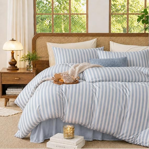 Striped Comforter Set Twin Size Blue White Bedding 1 Pillowcase