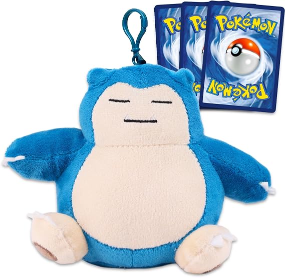 Snorlax Plush Keychain Set - Bundle with 5" Snorlax Keychain Plushie Plus Pokemon Cards | Pokemon Plush Bag Clip for Backpack, Purse, More