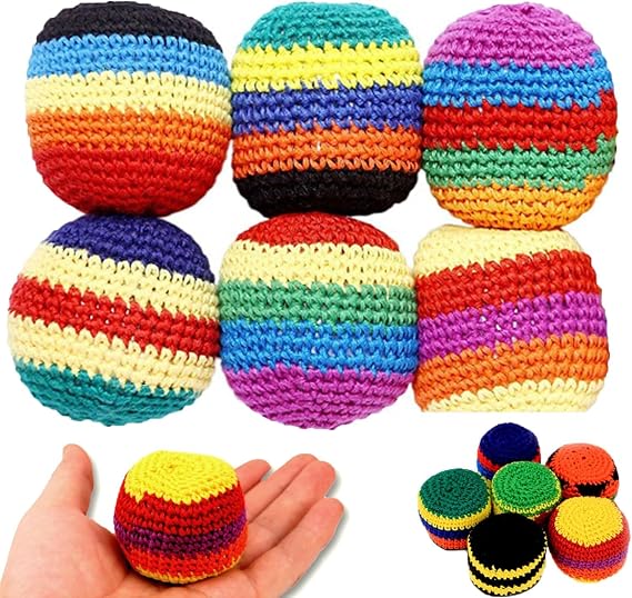 Hacky Sack Ball Set of 6, Knitted Footbags, Juggling Balls, Haki Sacks, Kick Balls - Assorted Colours and Styles