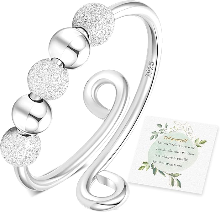 Senteria Anxiety Rings for Women Sterling Silver Rings Adjustable Stress Spinner Rings with Beads Fidget Rings for Anxiety Women