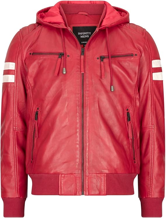TruClothing Mens Real Leather Bomber Hooded Jacket Blue Black Red White Black Yellow Brown