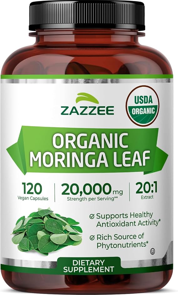 Zazzee USDA Organic Moringa Leaf 20:1 Extract, 120 Vegan Capsules | 2 Month Supply, Certified Kosher, Moringa Oleifera, Antioxidant, Immune & Cellular Support, Superfood Supplement, Made in USA