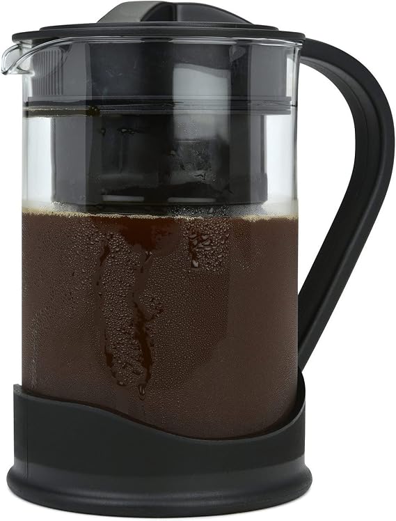 COLD BREW COFFEE MAKER 1 Liter (4-Cups) Capacity, Great For Flavorful Iced Coffee That Stays Fresh Longer, Borosilicate Glass, Easy Cleaning, Fun Ideas and Recipe Booklet, 8x5 Inches, Black