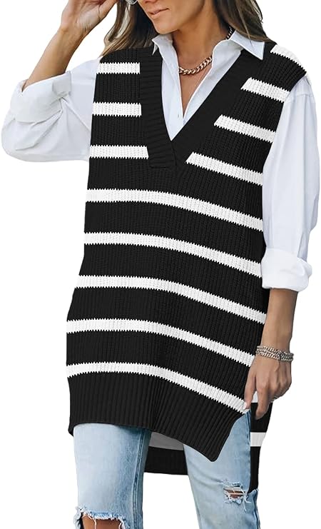 Viottiset Women's Oversized Stripe V Neck Tunic Knit Sweater Vest Sleeveless Top Black L, 1-black Stripe