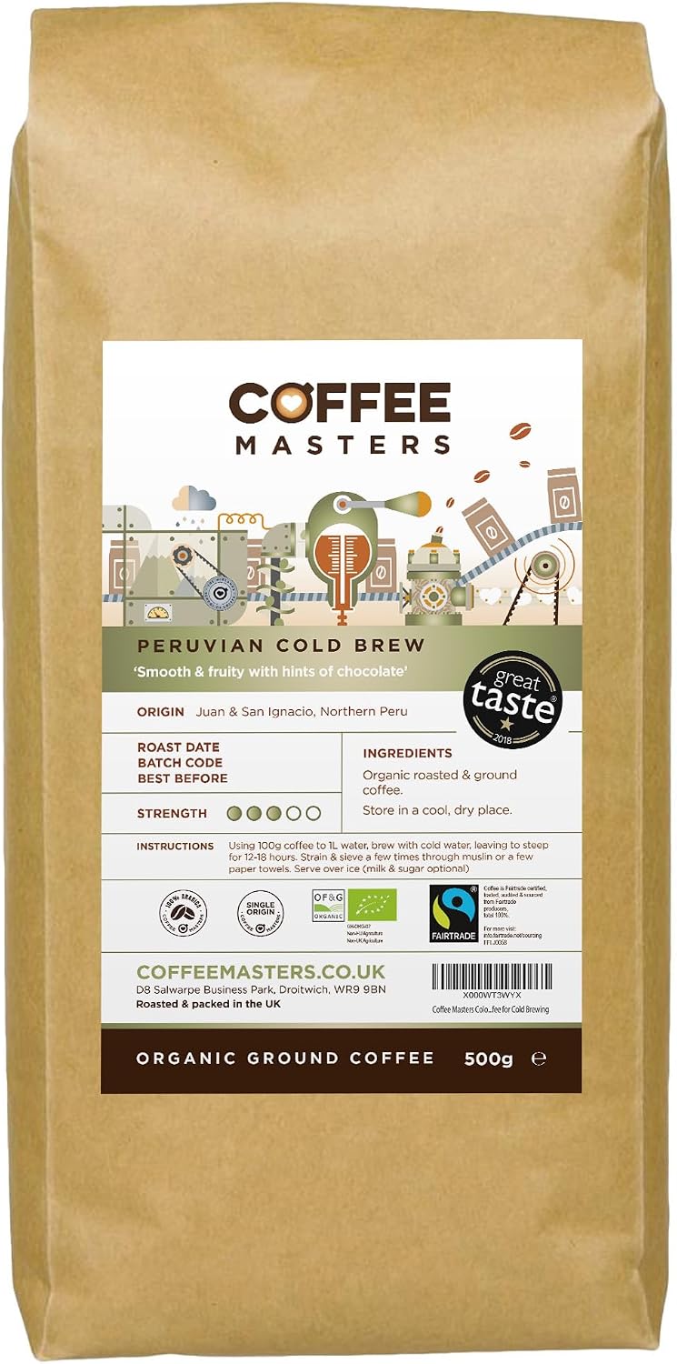 Coffee Masters Peruvian Cold Brew Ground Coffee - 500g Medium Roasted Espresso Bean for Cold Brewing - Organic, Single Origin, Fair Trade from 100% Arabica Beans