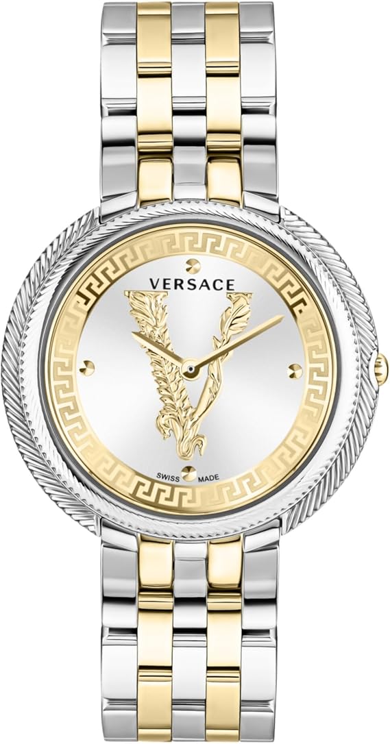 Versace Thea Womens Watch, Swiss Made Luxury Designer Watch with Silver Sunray Dial, Two-Tone 38mm Stainless Steel Case, Two-Tone Bracelet, Deployant Clasp, 5 ATM