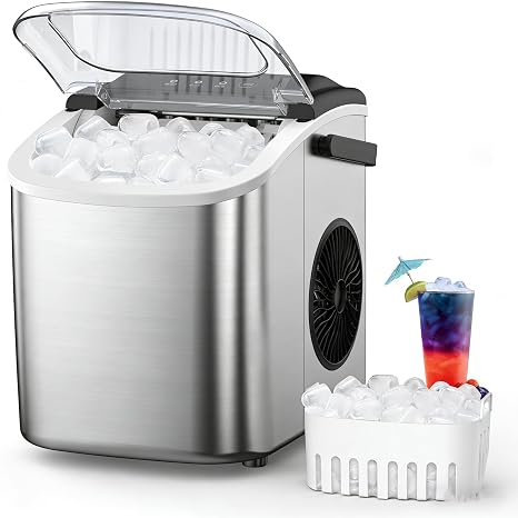 Electactic 9 Cubes Ready in 6-8 Mins Countertop Ice Maker, 26.5Lbs per Day Stainless Steel Portable Ice Maker, Ice Maker Machine with Carry Handle, for Home/Kitchen/Camping/RV (Silver)