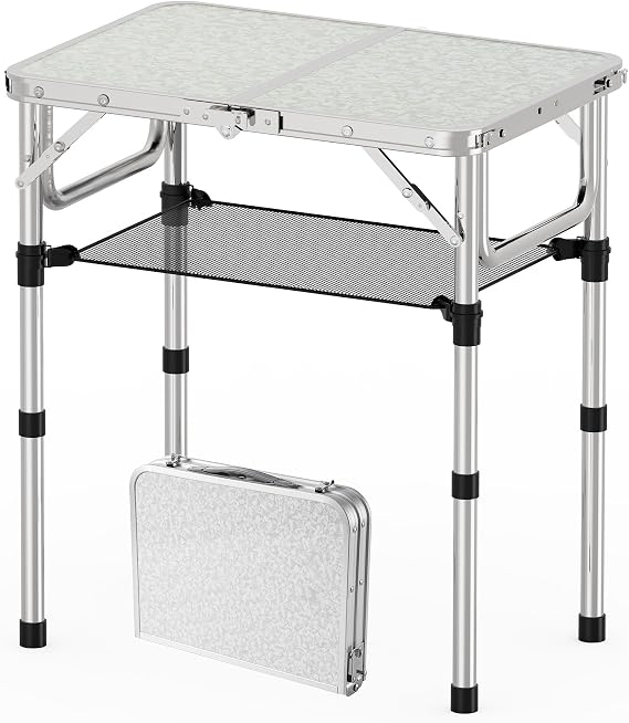 YihuiKo Folding Camping Table, Adjustable Height Lightweight Portable Table | Storage Net, Aluminum Alloy Frame, Small Folding Table for Picnic Camping Outdoor Indoor, Carrying Handle, Silver