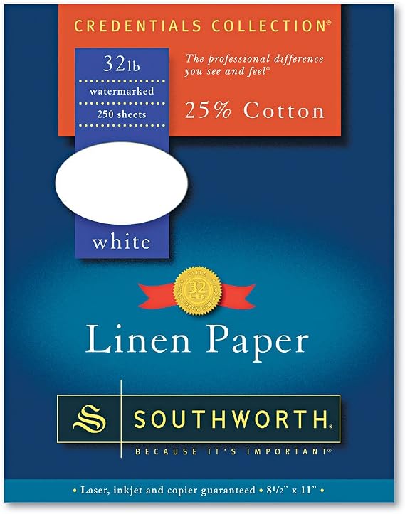 Southworth J558C 25% Cotton Linen Business Paper 32 lbs. 8-1/2 x 11 White 250/Box