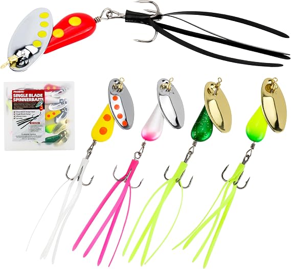 Inline Spinner Bait Fishing Lures 5-Pack, Three Sizes, Streamlined Design with Tail Grass, 360 Rotation Spinner Lure for Trout, Salmon, Panfish, Bass, Crappie & Perch
