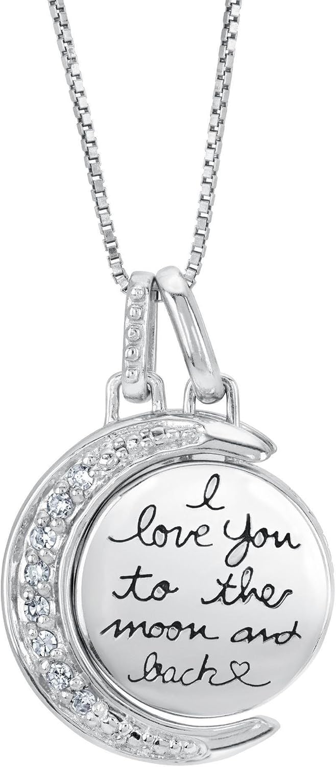 Womens 925 Sterling Silver I Love You To The Moon And Back Circular Pendant Necklace, 115 ctw Carat Total Weight Diamond Filled Moon Shaped Pendant, 18 Inch Box Chain Necklace With Lobster