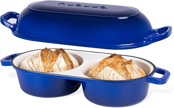 Dutch Oven For Sourdough Bread Baking Enamelled Cast Iron Bread Loaf Pot 500F Oven Safe Non Stick Bread Pot Double Round Loaf Space, 16.5cm Diameter, Dark Blue, by Nuovva