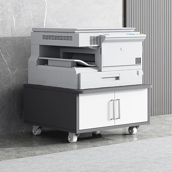 Rolling Under Desk Printer Stand,Mobile Printer Cabinet for Home Office,file cabinet with shelves,60CM wide small printer table,for Home Office and Modern Workspaces(Gray/white,H26cm/10in)