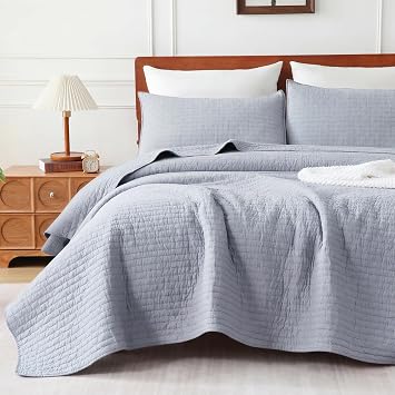 opso Queen Size Quilt Bedspread Sets, Cotton Bedding Set with 2 Pillowcases, Prewashed Lightweight Soft Quilted Cross Stitch Vintage Full Size Coverlet Comforter Sets, Grey