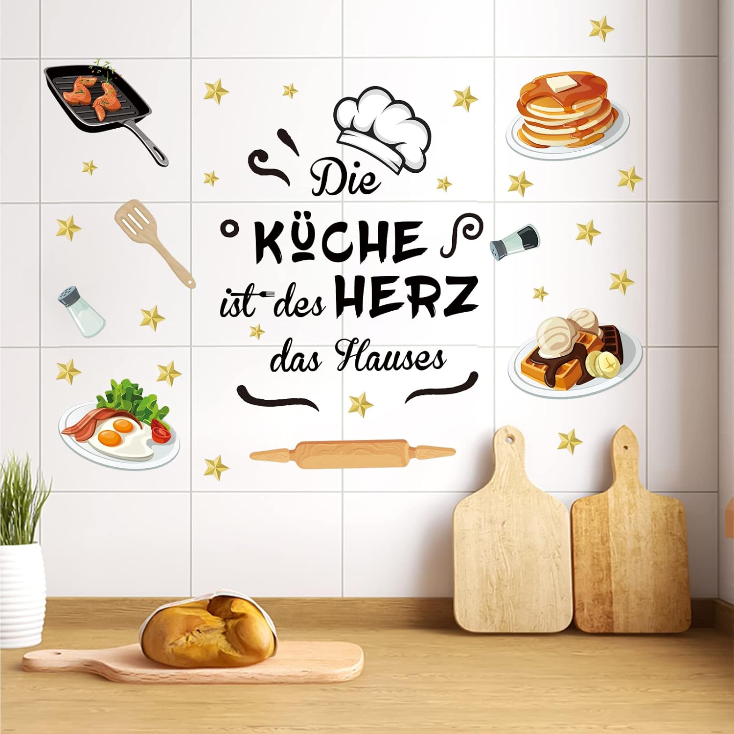 ANHUIB Pack of 44 Kitchen Wall Stickers Kitchen Saying Wall Stickers Self-Adhesive Kitchen Chef Wall Stickers Cartoon Kitchenware Wall Stickers Kitchen Quotes Wall Decoration for Kitchen Dining