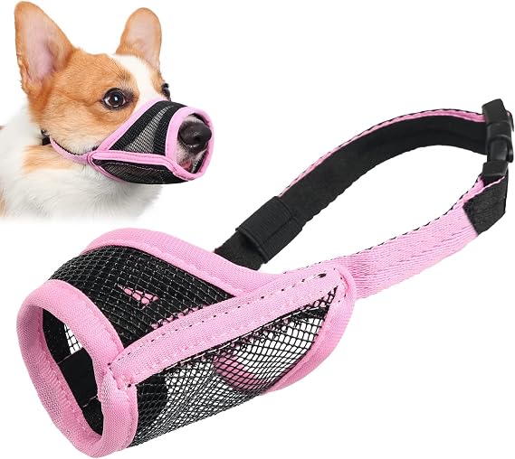 LUCKYPAW Dog Muzzle, Mesh Muzzle for Small Medium Dogs, Soft Mouth Cover to Prevent Biting Chewing, Drinkable Breathable Adjustable Puppy Mouth Guard(Pink, S)
