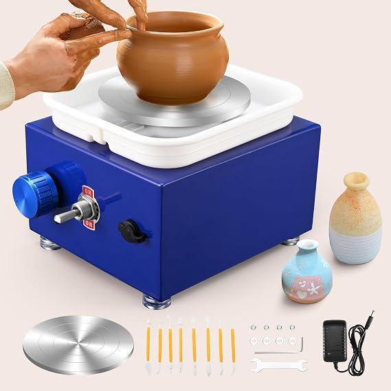 Electric Pottery Wheel, Ovshnrr 2 Plates Turntable 10/6.5cm Pottery Wheel, 2000RPM Adjustable Speed Pottery Wheel with Shaping Tools for Pottery DIY, Pottery Teaching, Children and Beginner(Navy Blue)