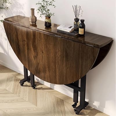 Folding Dining Table,Multifunction Drop Leaf Dining Table with 6 Wheels,for Living Room Kitchen Farmhouse Space Saving Round Desk120CM47.2IN