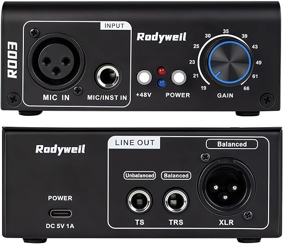 Microphone Preamp, Preamp gain booster for dynamic capacitors mic for live streaming gain up to 75db audio interface