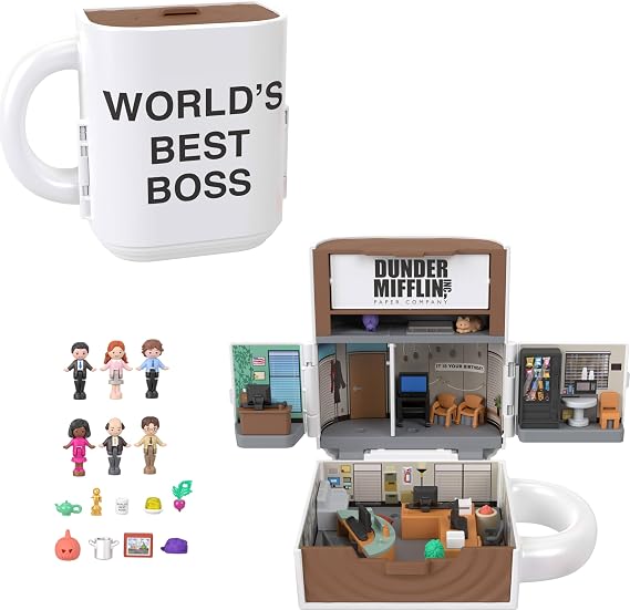 Polly Pocket and The Office mini game set, 6 character figures and 9 accessories, collectible Partnership toy, cup cup shaped, JCC19