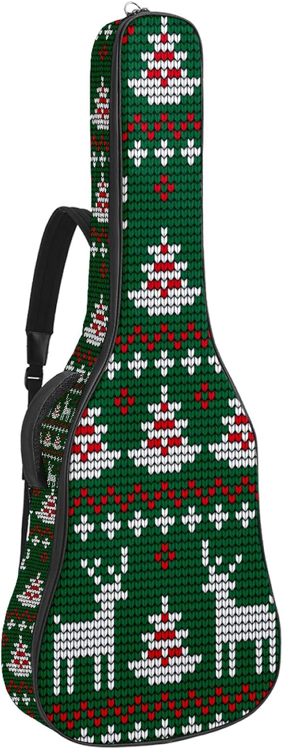 Guitar Gig Bag Waterproof Zipper Soft Guitar Backpack Bass Acoustic Classical Folk Guitar Green Christmas Pattern