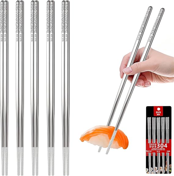 Stainless Steel Chopsticks Reusable, 5 Pairs, Silver Crack Pattern
