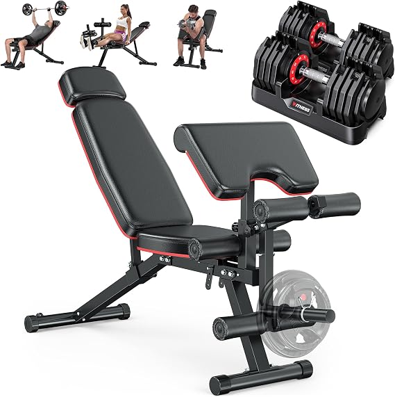 Rendpas Adjustable Dumbbell 55/80LB with Weight Bench, Home Gym Set