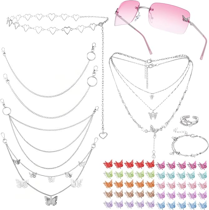 Fourluoo 60 Pcs Y2k Accessories Set Included Y2k Choker Bracelet Ring Sunglasses Hair Clips Chain Belt 2000s Accessories Set
