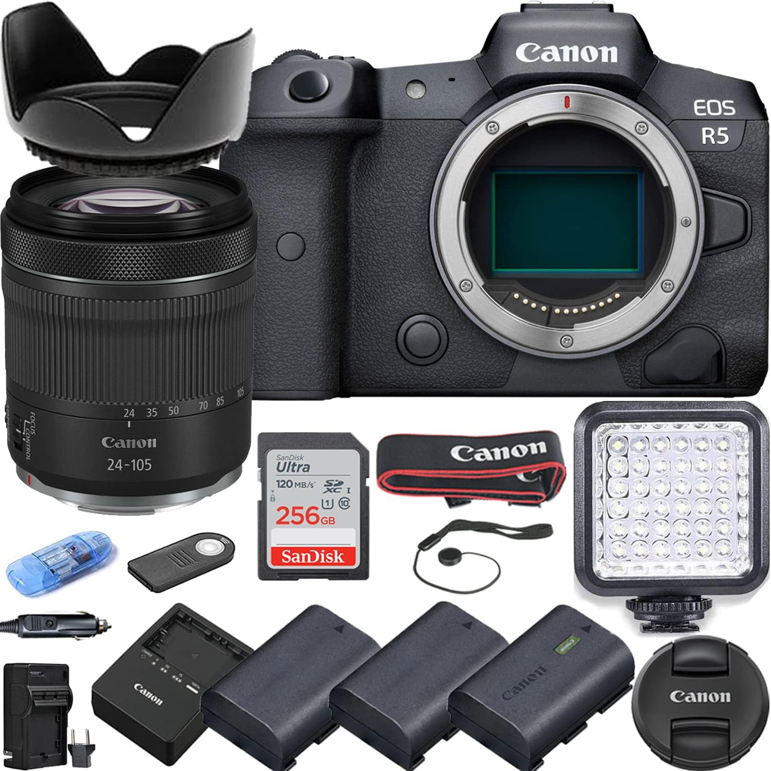 Camera Bundle for Canon EOS R5 Mirrorless Camera with RF 24-105mm f4-7.1 is STM Lens, 3 Batteries, LED Light, 256Gb High Speed Memory Card  Accessories Kit