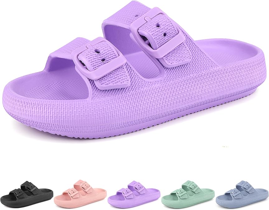 Kids Cloud Slides Girls Boys Double Buckle Slip On Sandals Youth Adjustable Flip Flops Summer Soft Pillow Slippers EVA Flat Beach Pool Shower Shoes