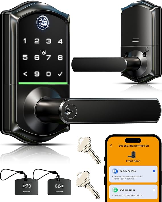 Veise VE019 Smart Lever Lock, Keypad Door Knob with Handle, Matte Black | Fingerprint Unlock, 2 Fobs, App Control Remote Access Sharing, Touchscreen, IP55 Waterproof, for Airbnb, Front Door, Bedroom