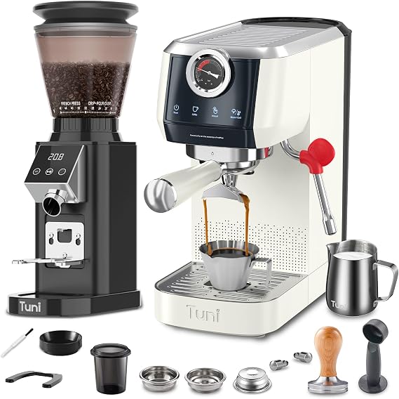 Tuni E2 Espresso Machine with G1 Noir Conical Coffee Grinder Combo Set, 20Bar 58mm Dual Boiler Coffee Maker, 48 Grinding Settings Burr Mill