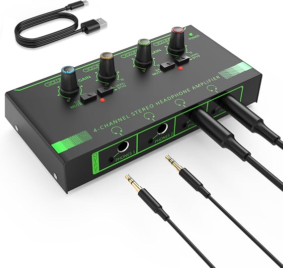 HOSONGIN 4 Channel Headphone Amplifier, Portable Mini Earphone Splitter with Independent Volume Control, Low Noise Stereo Output, Compatible with 1/4" & 1/8" TS/TRS, Ideal for Studio Stage