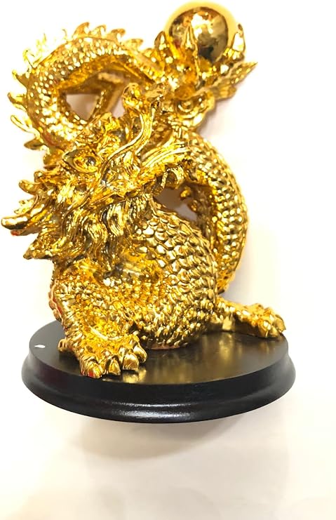 Feng Shui 2023 Rising Golden Dragon Holding A Pearl Statue Figurine