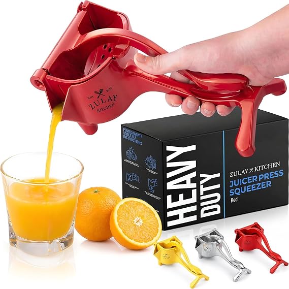 Zulay Kitchen Manual Fruit Juicer | Heavy Duty Juice Press Squeezer with Detachable Lever & Removable Strainer - Hand Juicer For all fruits (Red)