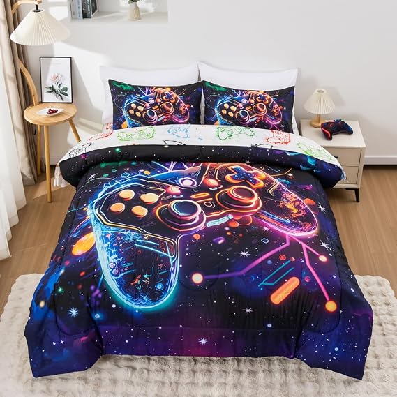 NTBED Game Console Comforter Set for Boys Girls Kids Space Galaxy Gaming 5 Pieces Bed in a Bag Lightweight Microfiber Gamer Bedding Comforter with Sheet, Full 5pcs