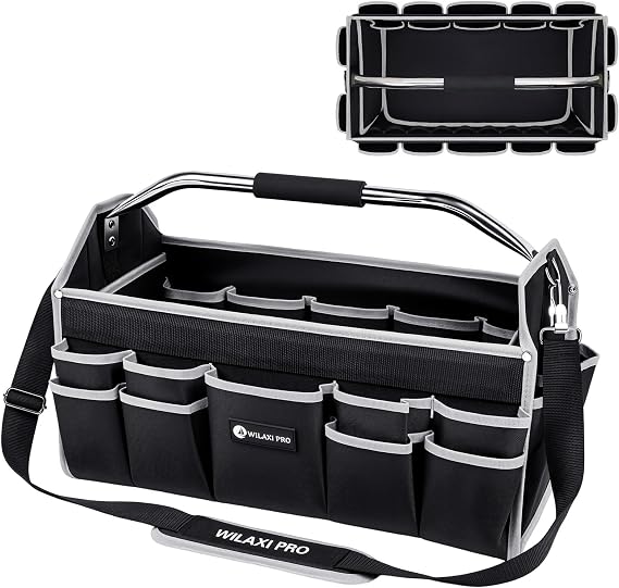 22in Tool Bags For Men Heavy Duty, 33 PCS Pockets Tool Bag Organizer Foldable Open Top Tool Bag With Handle, Wide Mouth Electrician Tool Tote, Grey