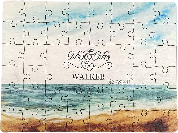 Personalized Wedding Puzzle Guestbook Laser Cut 1/4 Wood Puzzle Wedding Guest Book with Monogram Font; Choice of Design, Size, Pieces. Matching Instruction Plaque Included. (Seascape)