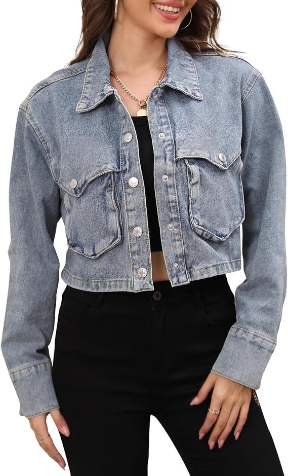 Women's Long Sleeve Button Down Cropped Trucker Short Denim Jean Jacket with Pockets