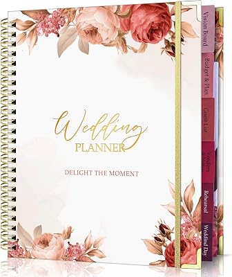 Vintage Elegant Floral Wedding Planner 9x11 Inch, Wedding Planner Book and Organizer with Golden Edges, Beautiful Roses and Pocket Dividers, Journal with 132 Pages, Wedding Planner for Bride