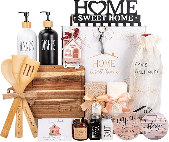 House Warming Gifts New Home, 19pcs New Home Gift Basket For Homeowners, Couple Women Neighbor - Includes Decoration, Kitchenware, Towel, Greeting Card, First Time Home Buyer Gift, Housewarming Gifts