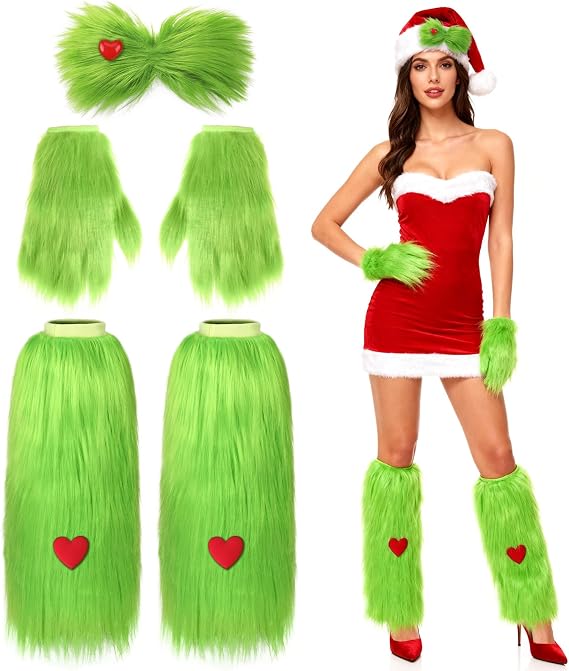 Christmas Big Monster Santa Costume for Women, Green Fuzzy Leg Warmers Gloves Furry Hair Bow for Christmas Halloween Adult