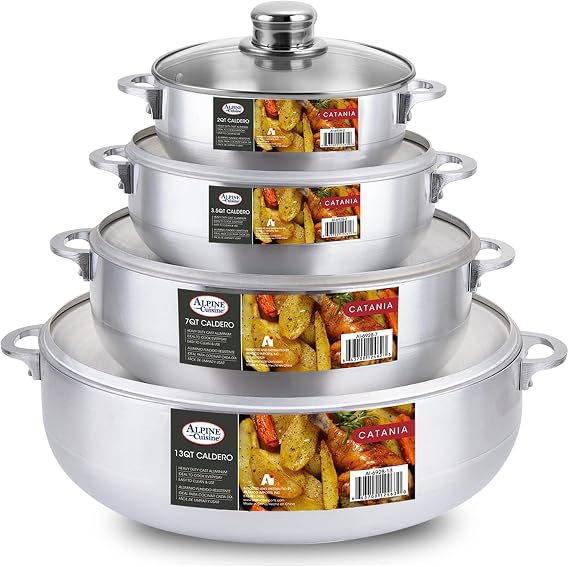 Alpine Cuisine 8-Piece Nonstick Aluminum Caldero Set with Glass Lids Versatile Pots for Stews, Rice & Soups in 2,3.5,7,13 Quart Sizes