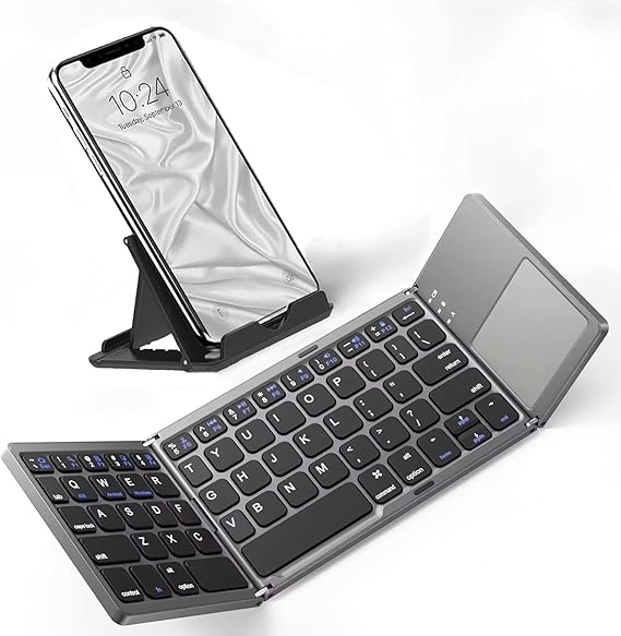 Slim Foldable Wireless Keyboard Compatible with Panasonic Toughpad FZ-X1 with TOUCHPAD Mouse Fully Universal Providing 48H Use, 560 Days Standby, Portable, Compact, Tri-Fold, Rechargeable!