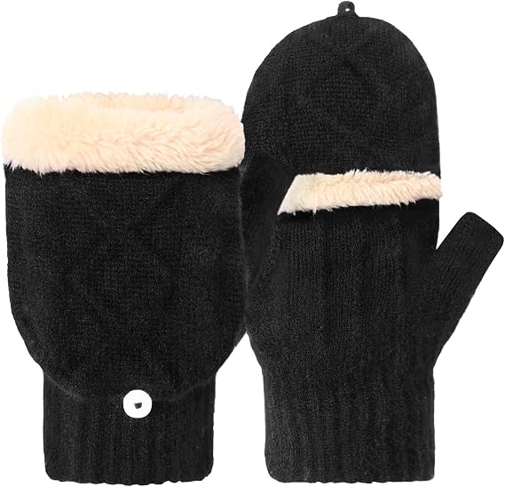 Tavaleu Womens Winter Fingerless Gloves for Men Women Convertible Thermal Knit Touchscreen Gloves with Flip Cover