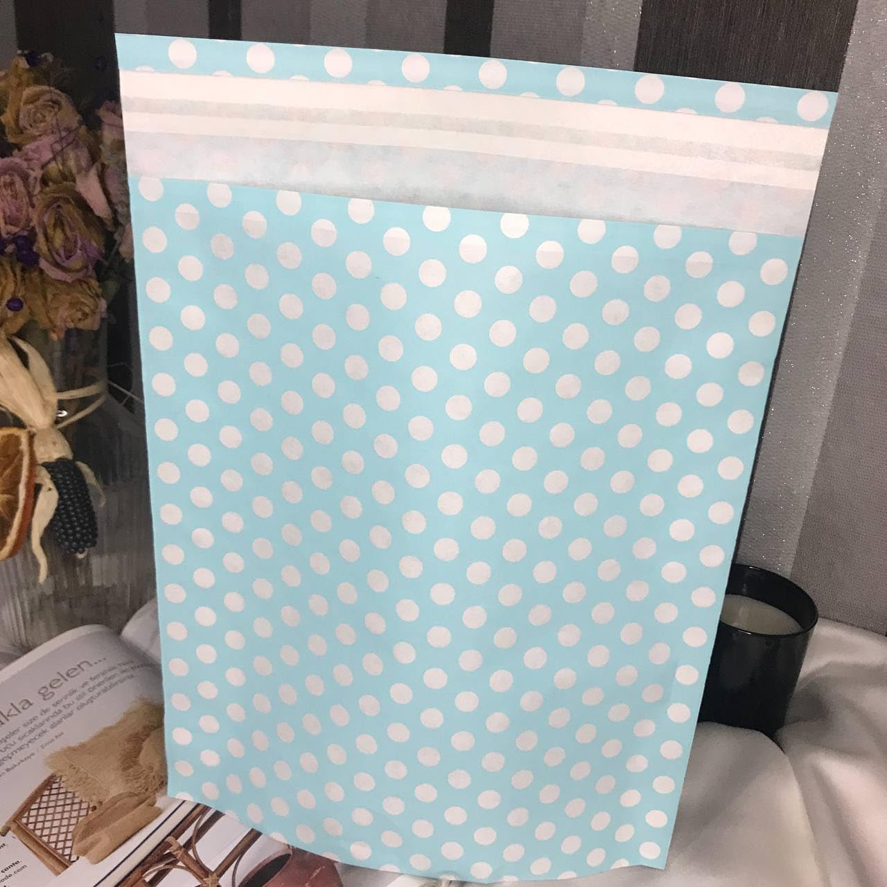 Mavi Beyaz Puantiyeli Hediye Torbası Bantlı Hediye Paketi Blue Gift Packet, Doğum Günü Parti 25x30 Cm - 2 Adet Mavi