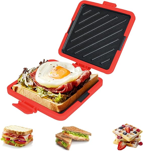 Microwave Toastie Sandwich Maker,Non-Stick Microwave Sandwich Baking Tray,Panini Press,Dishwasher Safe,Fast Cook Toast Sandwiches Maker for Home Office Travel,Compact Size 5.5x5.5in(Red)